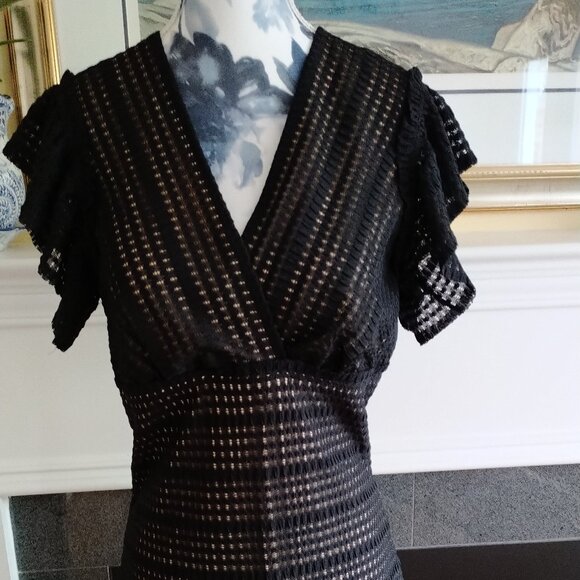 Black Lace Bodycon Dress with Ruffled Sleeves and hem - Picture 2 of 10